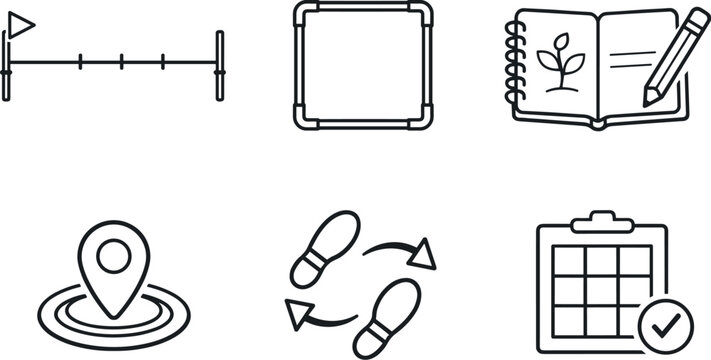 Surveying Tools Icons. Line style icons of surveying practices: transect line bar, quadrat frame outline, observation notebook