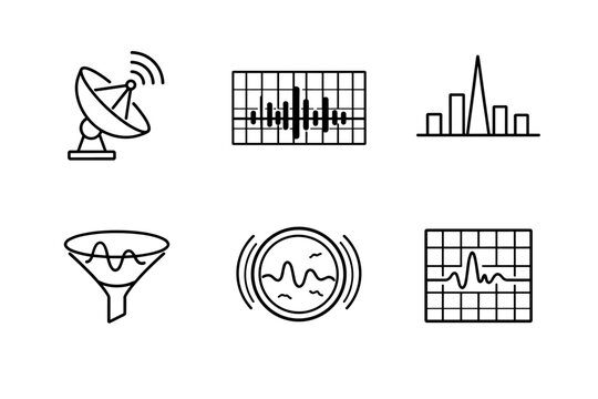 Detection and Analysis Icons. Line style icons of detection and analysis: radio dish outline, spectrogram tile, anomaly spike bar,