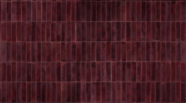 Dark burgundy vertical ceramic tiles texture background with subtle grunge details and dark grout lines