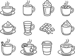 Fototapeta premium Line style vector icons of warm beverage enjoyment: tea, coffee, cocoa, latte; cup, mug, saucer, handle; steam, chocolate,