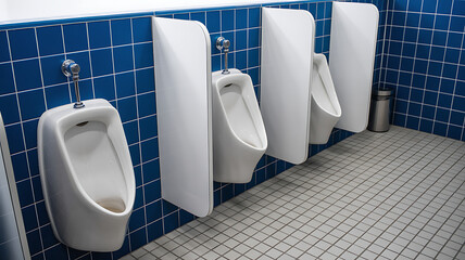 Clean Modern Public Urinals in Blue Tiled Men's Restroom