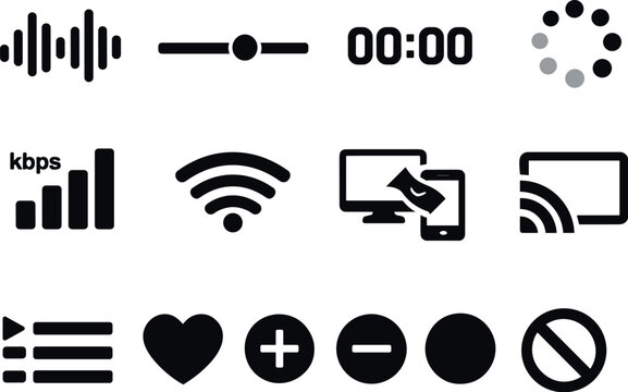 Solid vector icons of streaming playback: waveform, progress bar, time counter, buffering spinner, bitrate meter, connection