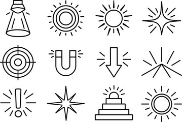 Fototapeta premium Line style vector icons of glowing radial focus: spotlight, aura, corona, shine; emphasize, attract, guide, draw; attention,