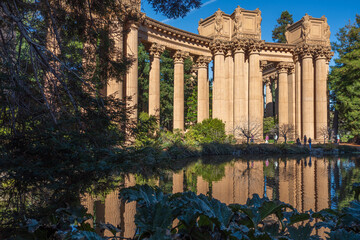 Palace of Fine Arts in San Francisco, showcasing its classical architecture and grand rotunda. Iconic cultural landmark surrounded by a serene lagoon, popular for sightseeing, photography, and tourism