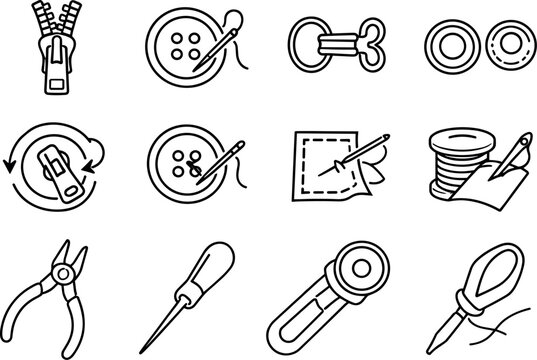 Line style of garment alteration service vector icons: zipper, button, hook, snap; replace, fix, reinforce, restore; pliers, awl,