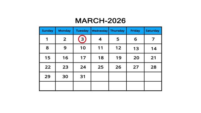 The calendar of march month 3th day is red circled, looped animation. A very important date in the calendar. Signing a day on a calendar. white background. 4k video 