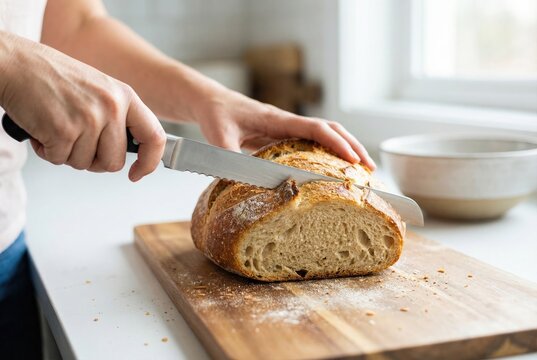 Hands cut a loaf of fresh bread on a wooden board in a kitchen during daylight hours, showing kitchen tools and a simple setup for home cooking