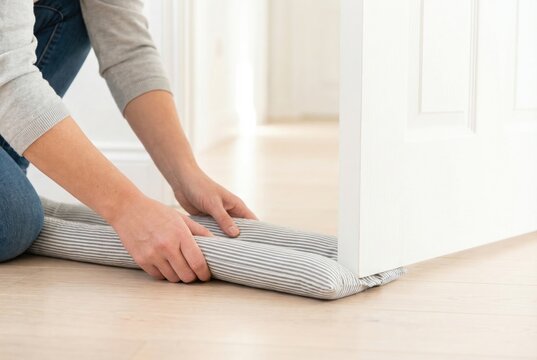 Person places a fabric draft stopper at the base of a door in a bright indoor space during daylight hours to block cold air