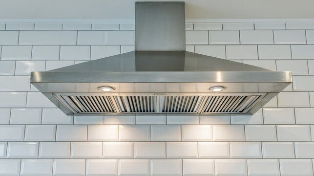 Modern stainless steel range hood hangs over white subway tile backsplash. Captures smoke and odors from cooking area. Kitchen appliance for ventilation. Essential home or restaurant item.
