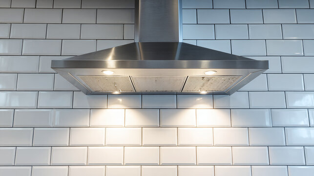 Modern stainless steel range hood hangs over white subway tile backsplash. Captures smoke and odors from cooking area. Kitchen appliance for ventilation. Essential home or restaurant item.