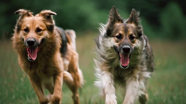 Two large dogs running side by side in a grassy field