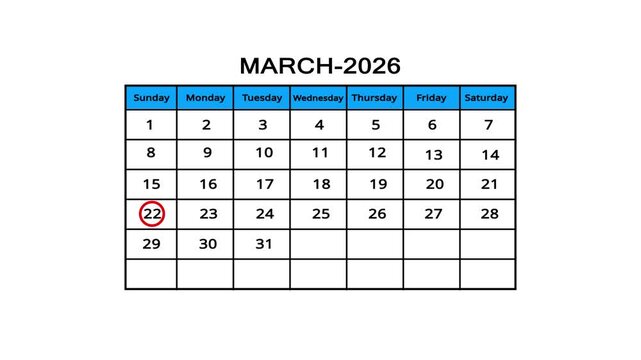 The calendar of march month 22th day is red circled, looped animation. A very important date in the calendar. Signing a day on a calendar. white background. 4k video 