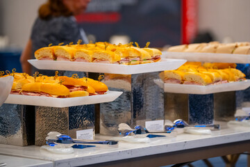 Ham burgers served on a plate, featuring soft buns filled with sliced ham and fresh ingredients. Tasty homemade fast food prepared for lunch or dinner.