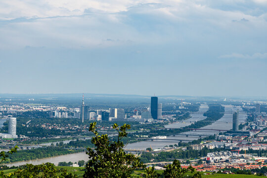 Vienna city skyline with Danube River and modern urban landscape