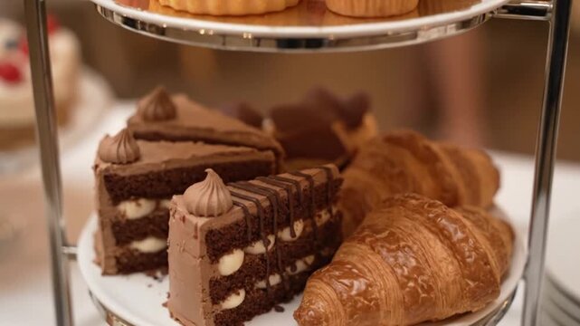 Assorted pastries and cakes in elegant tiered serving on soft focus background for bakery advertising