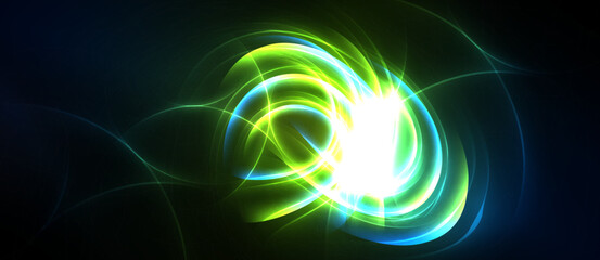 Obraz premium Bright swirling lights create abstract energy form. Vivid green, blue hues dominate dark background. Dynamic, radiant visual.