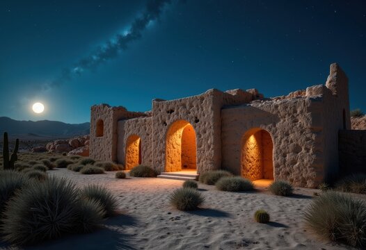 Ancient Pueblo Bonito Great House Ruins Desert Remnants Cacti Surrounding Starlit Night