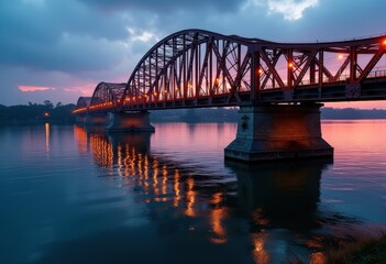 Fototapeta premium Dynamic Steel Bridge Spanning Majestic River Reflections Across Vast Waters Drenched in Glorious Sunset Hues