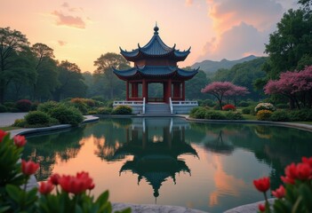 Obraz premium Enchanting Chinese Pagoda with Upturned Eaves in Peaceful Park Setting