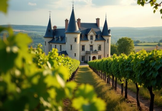 Elegant French Chateau with Conical Towers Surrounded by Lush Vineyards