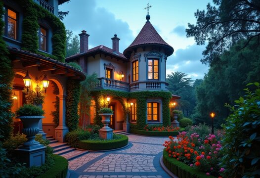 Lush Italianate Villa with Belvedere Tower Surrounded by Vibrant Gardens Overflowing with Colorful Flora