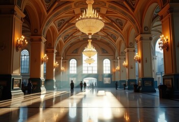 Obraz premium Opulent Beaux Arts Train Station Vaulted Ceiling Intricate Chandeliers Grand Entryway