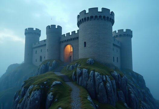 Norman Castle Keep On Hilltop Crenellations Ancient Rise Majesty Fortress Rocky Outcrop