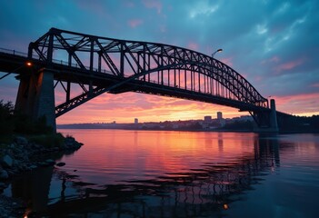 Fototapeta premium Steel Bridge Spanning Majestic River Endless Reflection Metal Framework Allowing Sunset Exploration Life's Journey