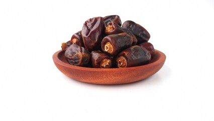 Pile of dates (Phoenix dactylifera) in a small wooden bowl. The dates appear dark brown and glossy, showcasing their natural wrinkled texture. The wooden bowl has a smooth, polished finish