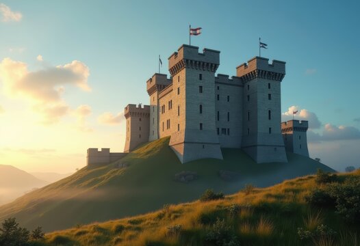 Dramatic Norman Castle Keep with Crenellations on Hilltop Surrounded by Rolling Countryside