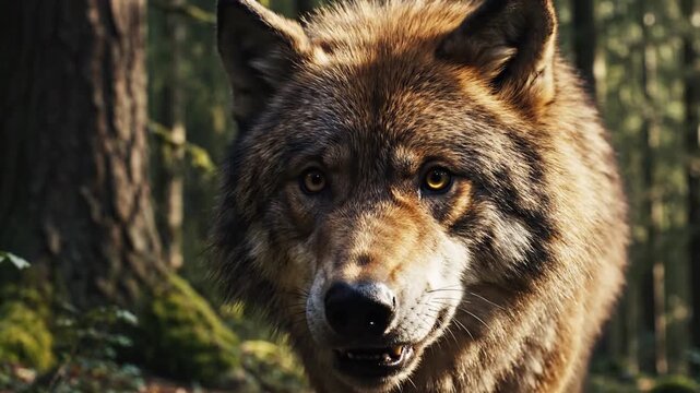 A close-up portrait of a wolf with piercing eyes, set against a blurred forest background