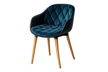 Fototapeta premium Modern blue velvet upholstered armchair with black frame and wooden legs on transparent background