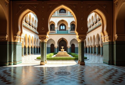 Moorish Palace Exquisitely Adorned by Horseshoe Arches and Vibrant Mosaic Tiles Radiating Opulence