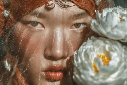 Elegant woman posing with white peony flowers, wearing a delicate veil