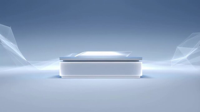 Futuristic white display podium with glowing edges against a soft blue background. Ideal for showcasing products or presentations in a modern setting