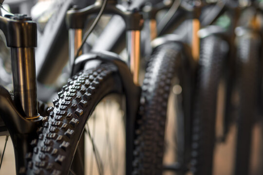 Close-up view of a row of new mountain bikes in a bicycle shop, focusing on tires and suspension.

