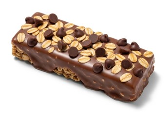 Chocolate granola bar with oats and chocolate chips on top isolated on white background