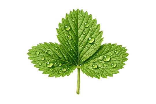 Fresh green strawberry leaf covered in clear water drops indicating freshness and healthy growth, transparent background