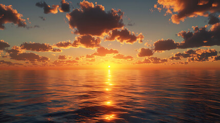 Tranquil Sunset Over Calm Sea with Golden Reflections and Vibrant Clouds