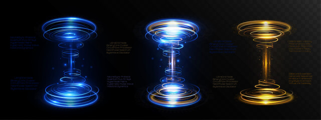 Light futuristic sci-fi portals with glowing energy rings and vertical beams on transparent background. © NAUM