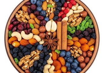 A wooden bowl filled with assorted nuts and dried fruits isolated on white background