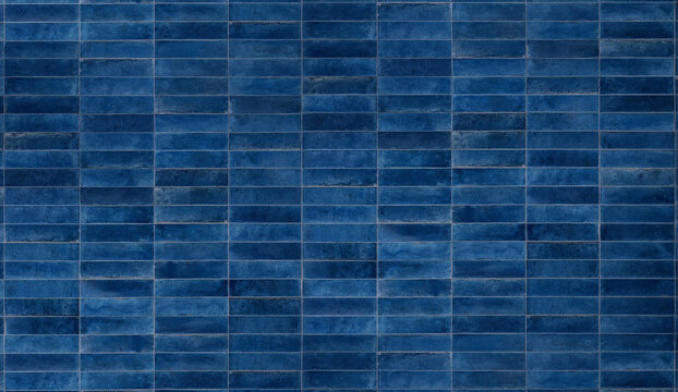 Deep blue ceramic tile texture background with horizontal stacked pattern and glossy glazed surface