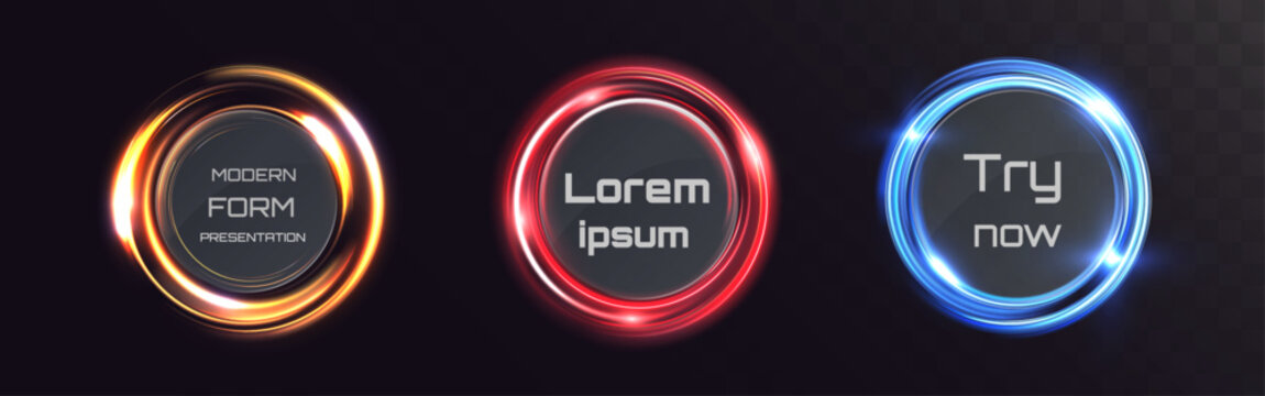 Light futuristic glowing portal rings with neon circles on dark background.