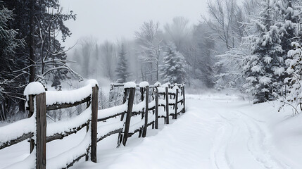 Serene Winter Landscape with Rustic Wooden Fence and Snow-Covered Path in Misty Forest