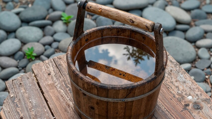 Old wooden bucket filled with clean water on a cracked wooden stand