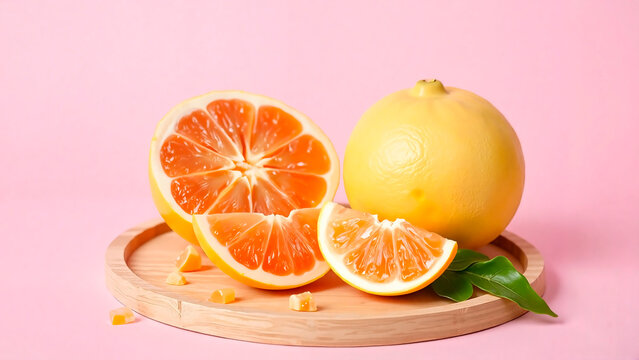 Whole and sliced citrus fruit on wooden tray against pink background