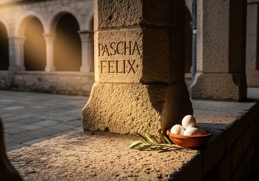 Easter eggs and pascha latin inscription on stone column base