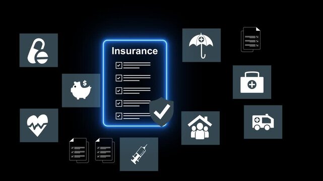 Business Use holography screen for health insurance for life, financial protection, online insurance services, risk management, and insurance and benefits Motion graphics of document concept