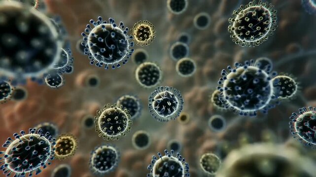 Close-up view of microscopic viruses floating in a biological environment. Visual representation of pathogens and their impact on health and disease transmission