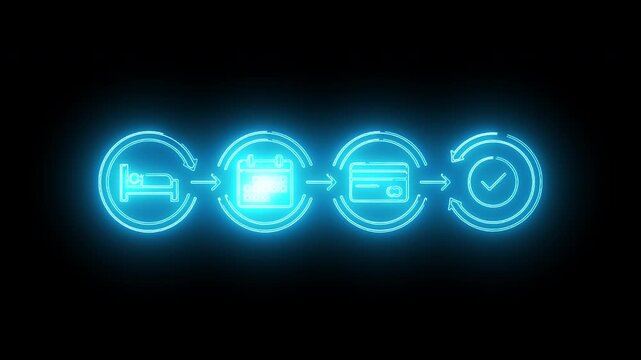 Neon glowing blue icons of a megaphone, a document, a message, and a checklist connected in a circle on a black background with a futuristic and technological mood.